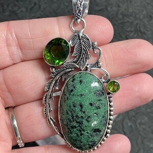 Sparkly Saualpite Zoisite Peridot Feather Pendant Stone Crystal Jewelry